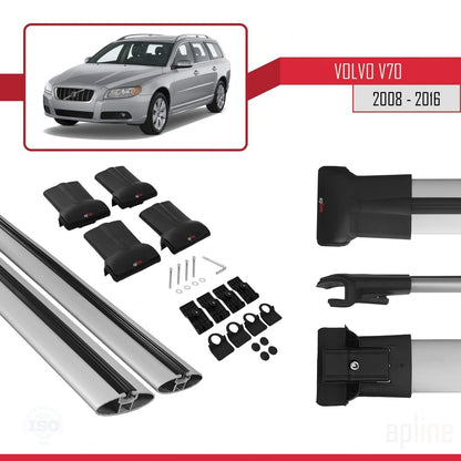 Compatible avec Volvo V70 III 2008-2016 FLY Model Barres de Toit Railing Porte-Bagages de Voiture Gris Aluminium 2 Barres