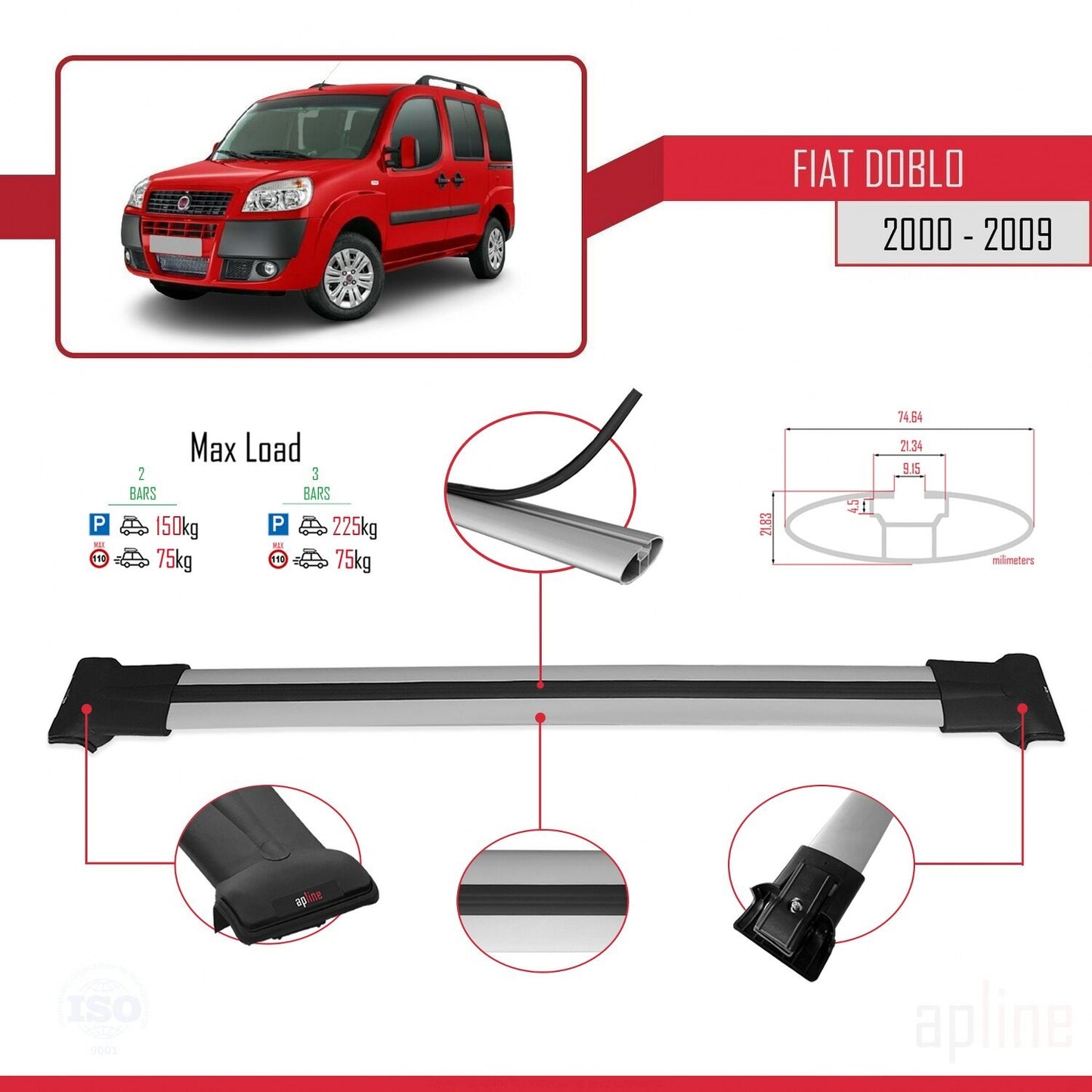 Compatibile con Fiat Doblo 2000-2009 Modello FLY Barre Portatutto Railing Portapacchi Auto Alluminio Grigio 2 Barre