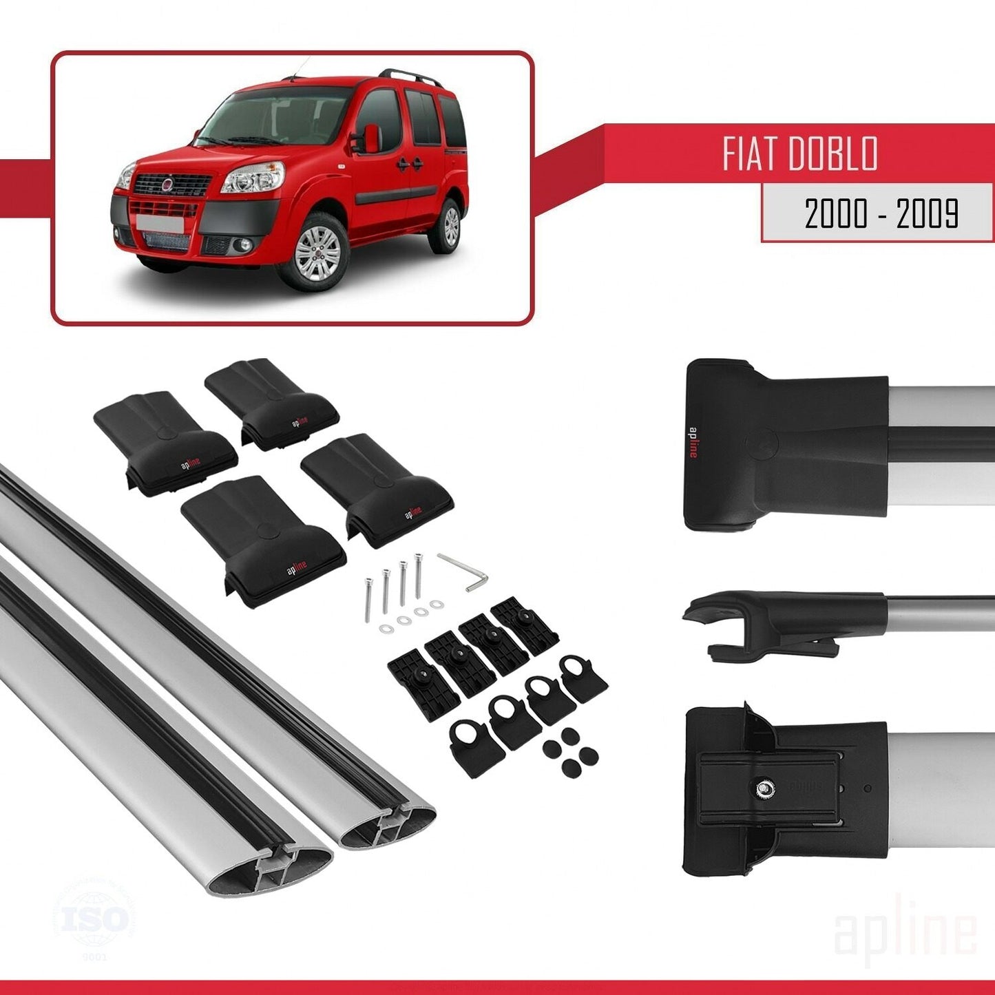 Compatibile con Fiat Doblo 2000-2009 Modello FLY Barre Portatutto Railing Portapacchi Auto Alluminio Grigio 2 Barre