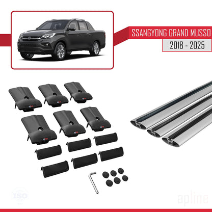 Compatible avec Ssangyong Grand Musso 2018-2025 FLY Model Barres de Toit Railing Porte-Bagages de Voiture Gris Aluminium 3 Barres