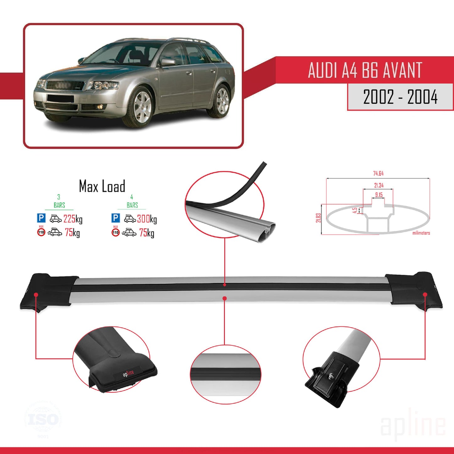 Compatible avec A4 (B6) Avant 2002-2004 FLY Model Barres de Toit Railing Porte-Bagages de Voiture Gris Aluminium 3 Barres