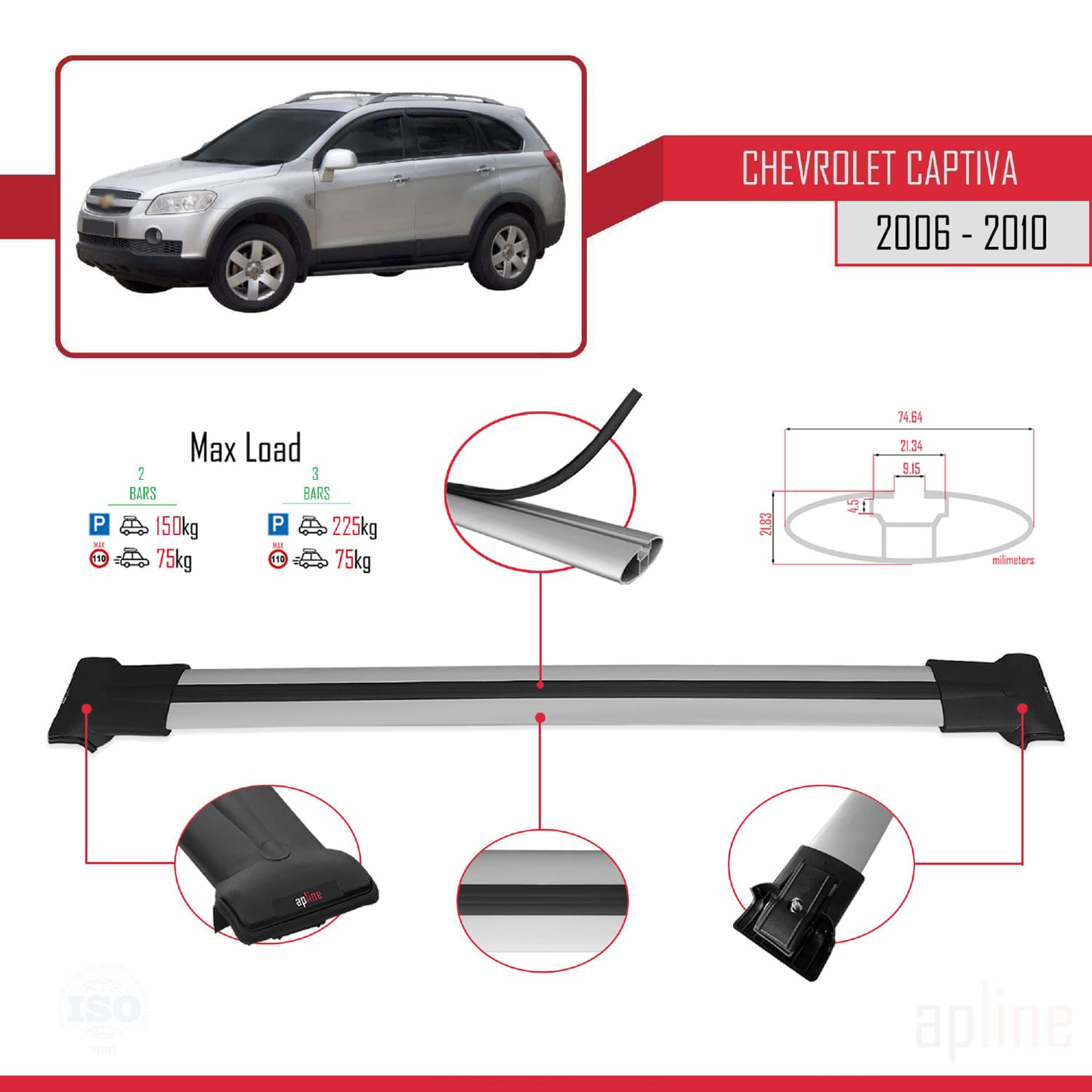 Compatibile con Chevrolet Captiva 2006-2010 modello FLY Barre portatutto per auto Portapacchi in alluminio grigio 2 barre