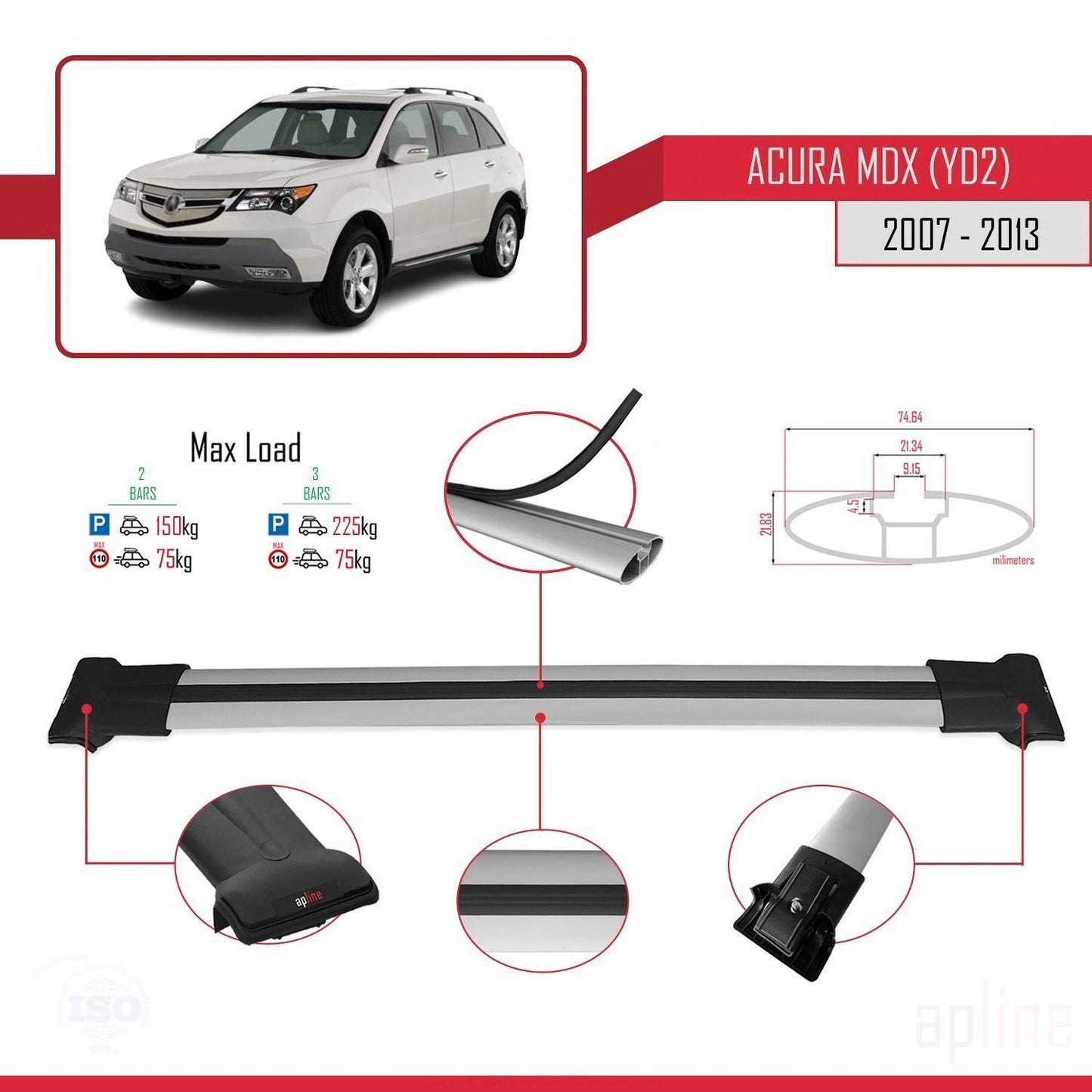 Compatibile con Acura MDX (YD2) 2007-2013 modello FLY Barre portatutto per auto Portapacchi in alluminio grigio 2 barre