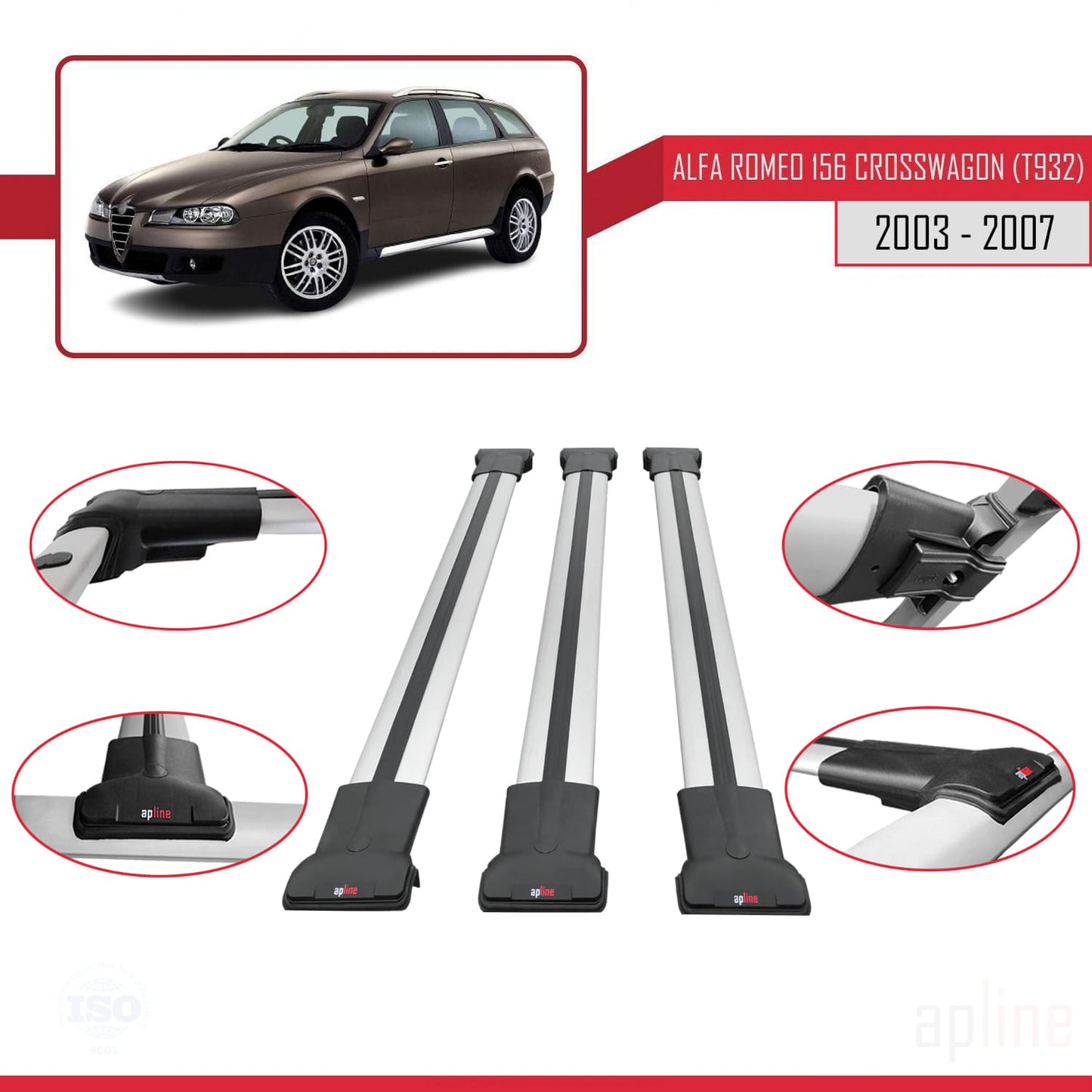 Compatibile con Alfa Romeo 156 (T932) Crosswagon 2003-2007 Modello FLY Barre Portatutto Portapacchi Auto Alluminio Grigio 3 Barre