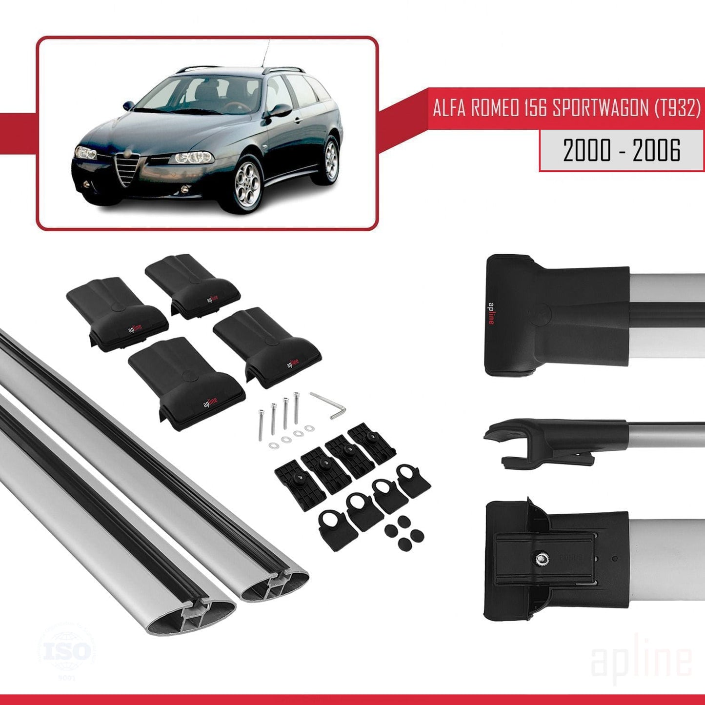 Compatibile con Alfa Romeo 156 (T932) Station Wagon 2000-2006 Modello FLY Barre Portatutto Portapacchi Auto Alluminio Grigio 2 Barre