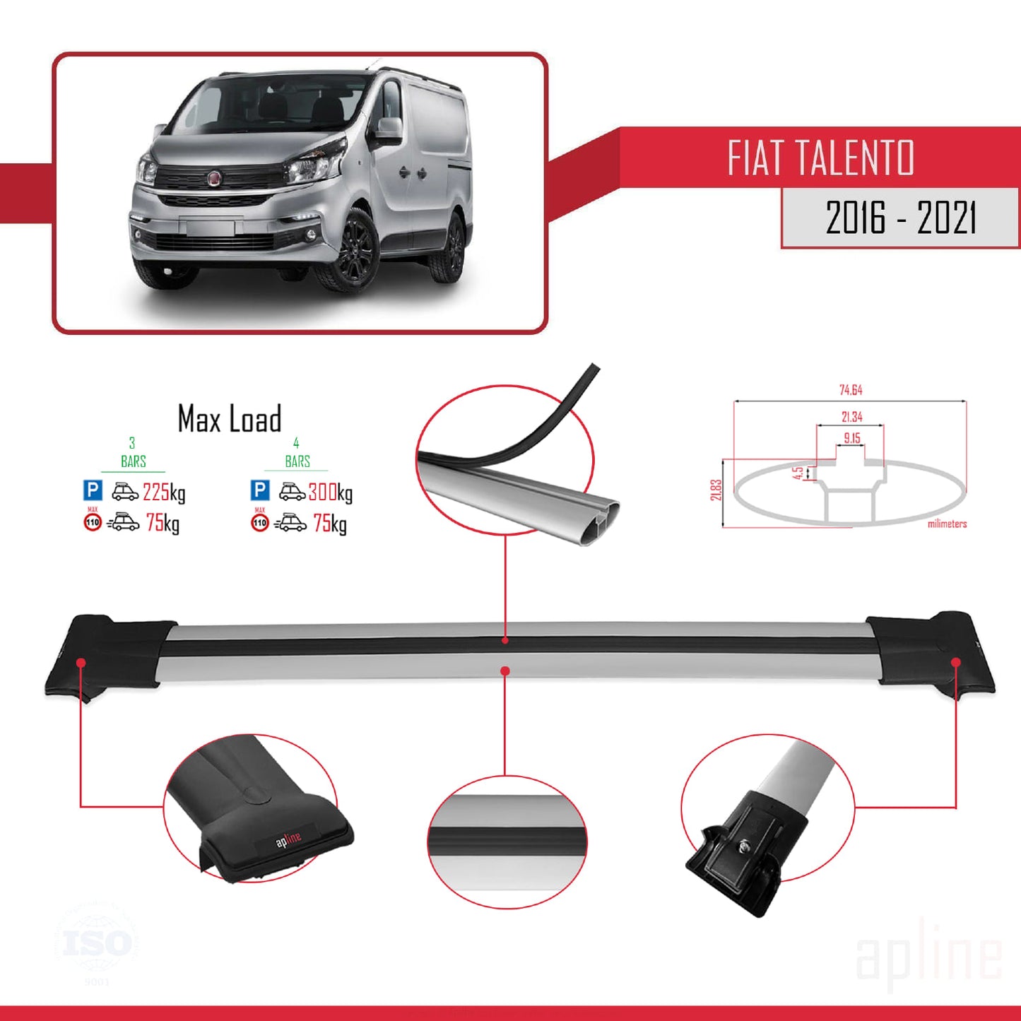 Compatibile con Fiat Talento 2016-2021 FLY Model Barre Tetto Portapacchi Auto Barre Portatutto Grigo Alluminio 4 Barre