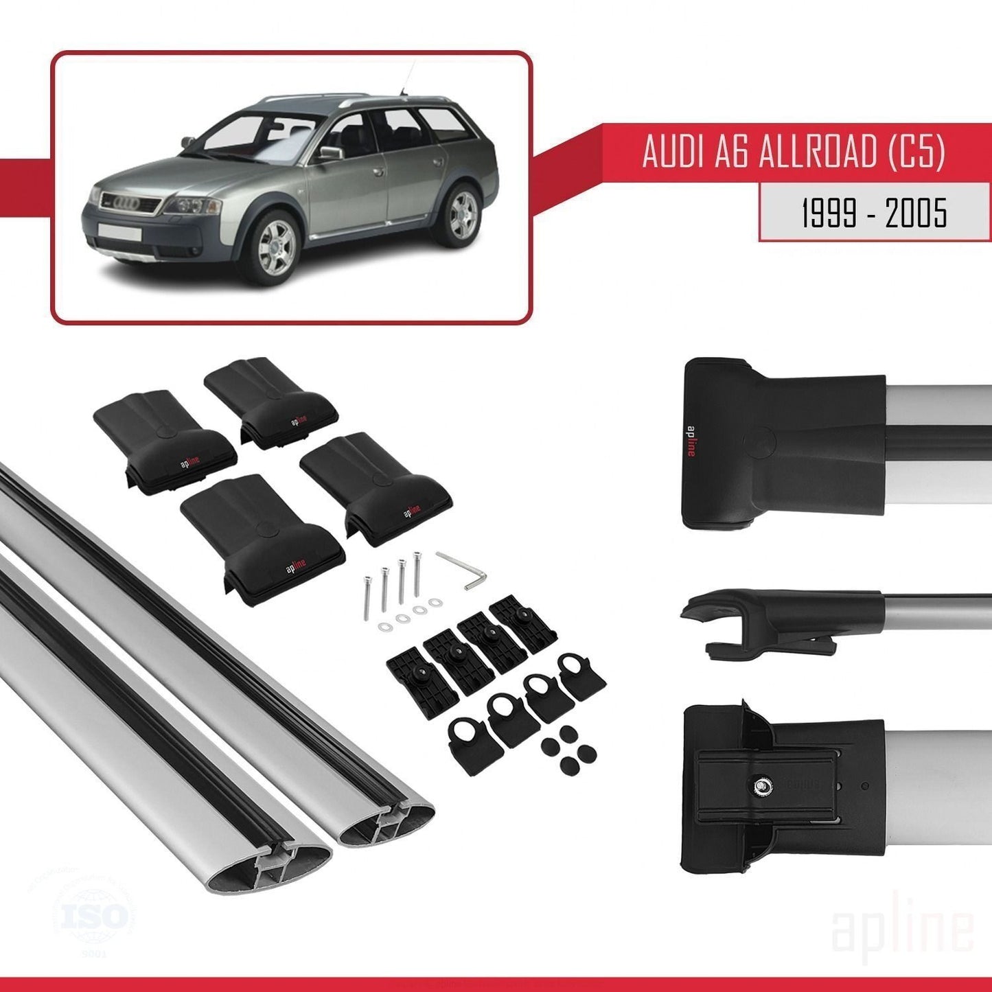 Compatibile con A6 (C5) Allroad 1999-2005 modello FLY Barre portatutto per auto Portapacchi in alluminio grigio 2 barre