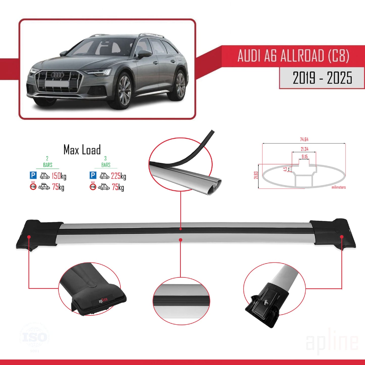 Compatibile con A6 (C8) Allroad 2019-2025 modello FLY Barre portatutto per auto Portapacchi in alluminio grigio 2 barre