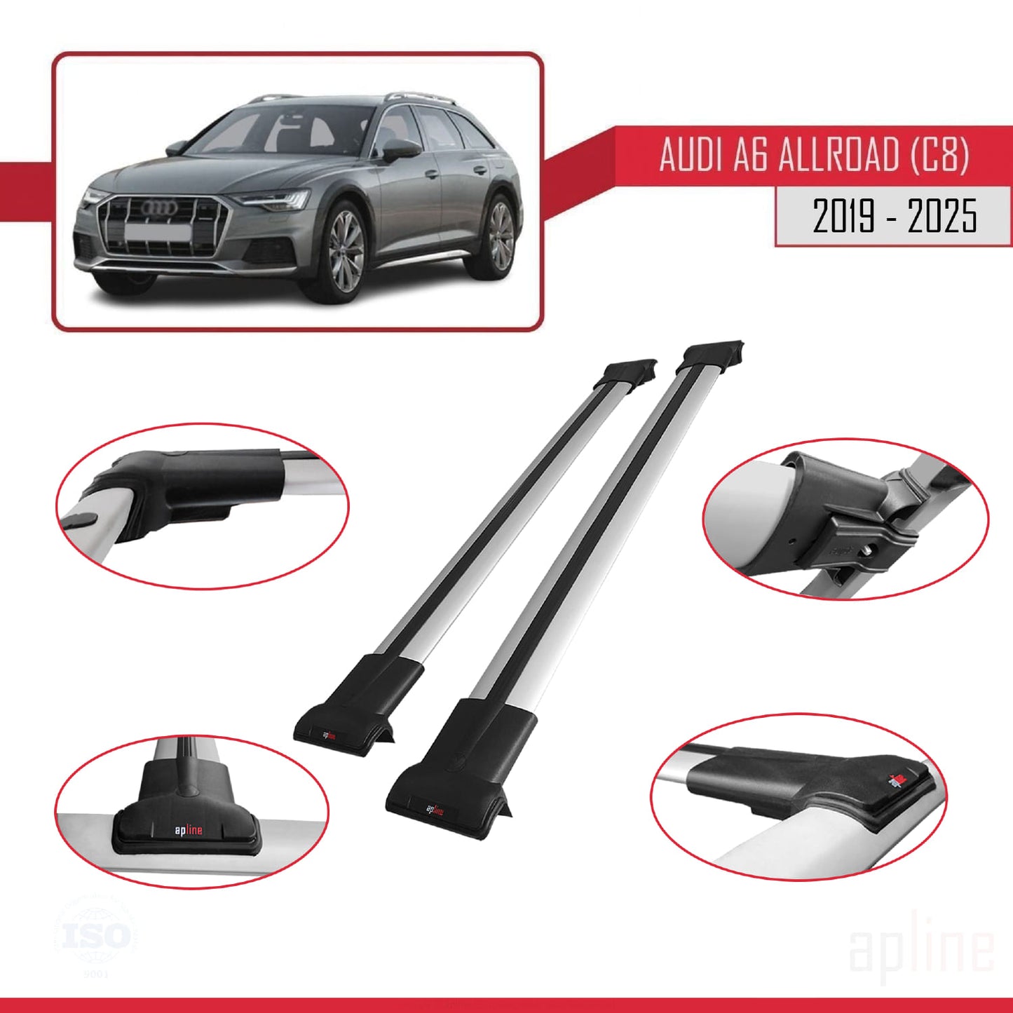 Compatibile con A6 (C8) Allroad 2019-2025 modello FLY Barre portatutto per auto Portapacchi in alluminio grigio 2 barre