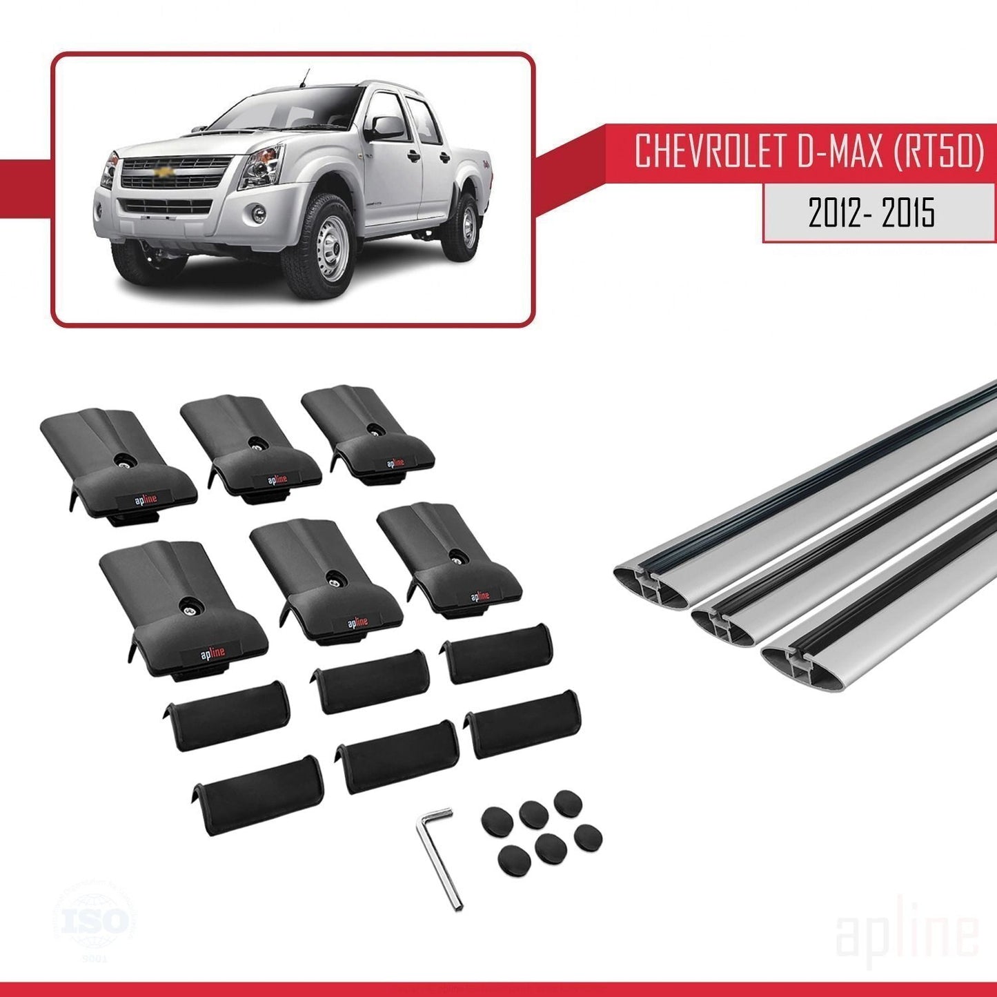 Compatibile con Chevrolet D-Max (RT50) 2012-2015 modello FLY Barre portatutto per auto Portapacchi in alluminio grigio 3 barre