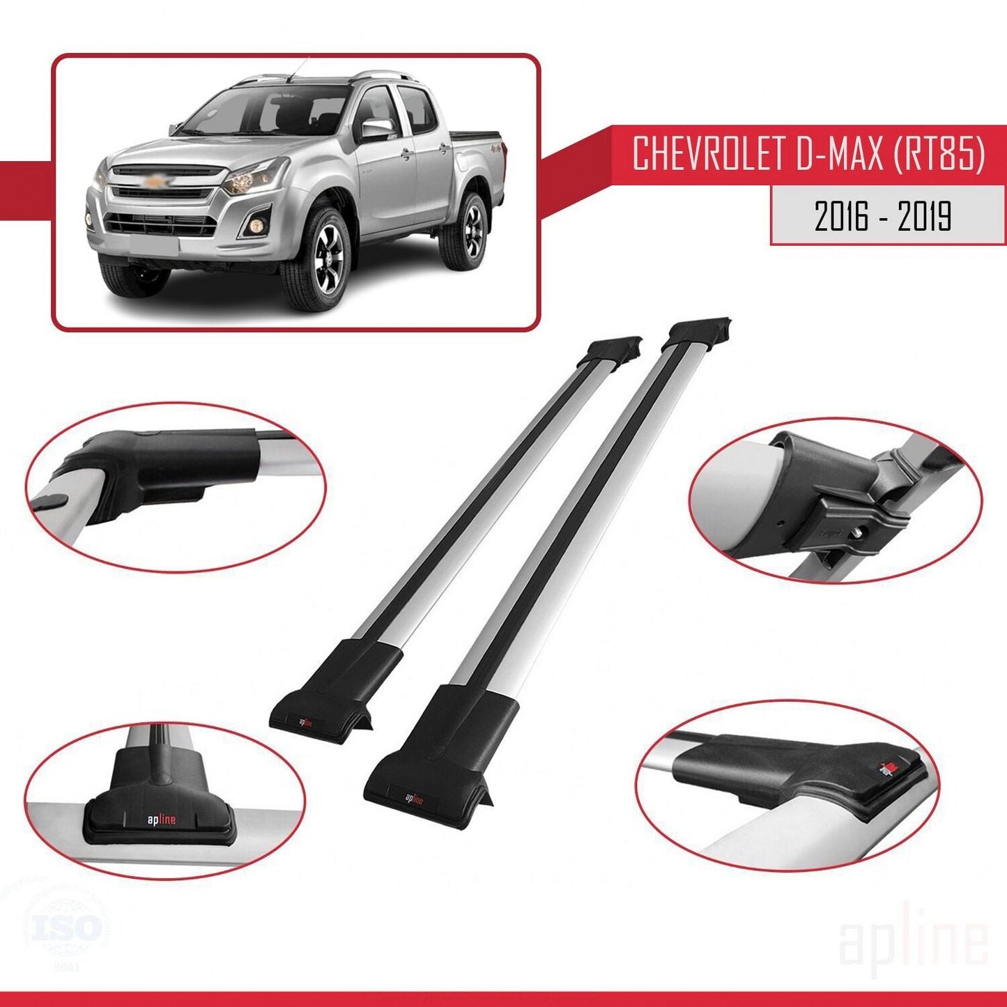 Compatibile con Chevrolet D-Max (RT85) 2016-2019 modello FLY Barre portatutto per auto Portapacchi in alluminio grigio 2 barre