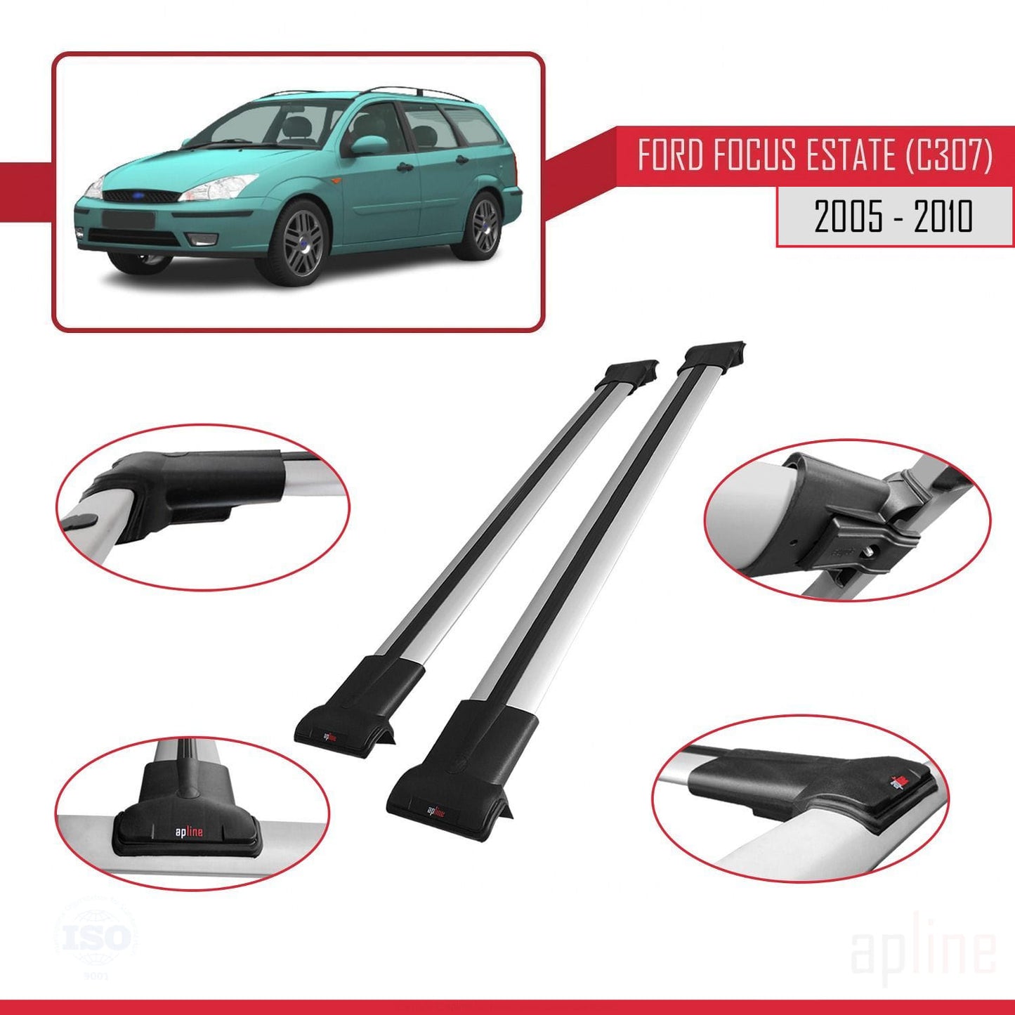 Compatibile con Ford Focus 2 (C307) Station Wagon 2005-2010 modello FLY Barre portatutto per auto Portapacchi in alluminio grigio 2 barre