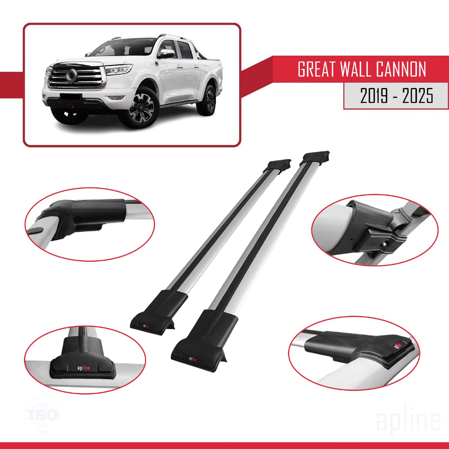 Compatibile con Great Wall Cannon 2019-2025 modello FLY Barre portatutto per auto Portapacchi in alluminio grigio 2 barre
