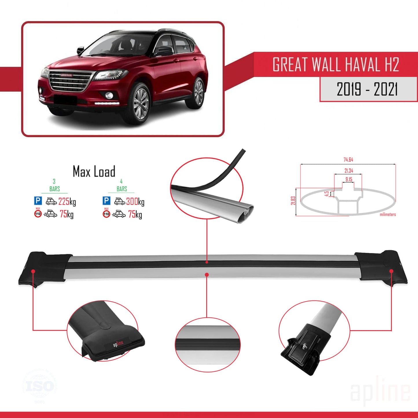 Compatibile con Great Wall Haval H2 2019-2021 modello FLY Barre portatutto per auto Portapacchi in alluminio grigio 3 barre