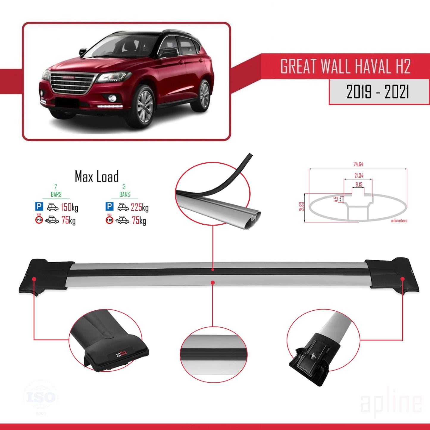 Compatibile con Great Wall Haval H2 2019-2021 modello FLY Barre portatutto per auto Portapacchi in alluminio grigio 2 barre