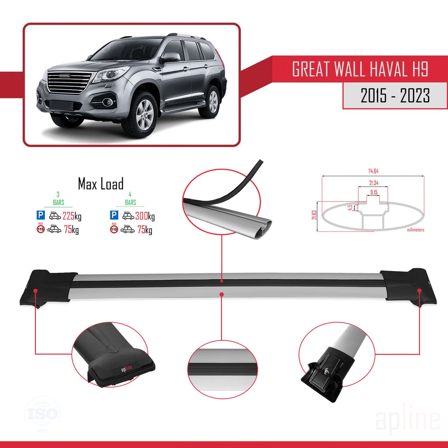 Compatibile con Great Wall Haval H9 2015-2023 modello FLY Barre portatutto per auto Portapacchi in alluminio grigio 3 barre