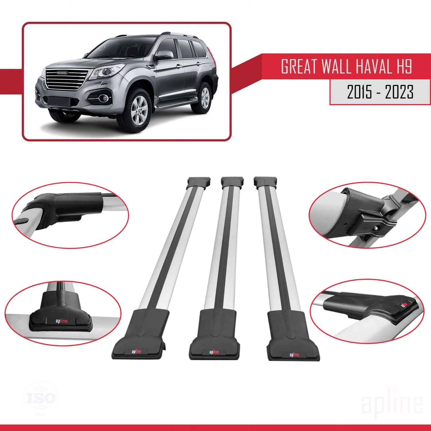 Compatibile con Great Wall Haval H9 2015-2023 modello FLY Barre portatutto per auto Portapacchi in alluminio grigio 3 barre
