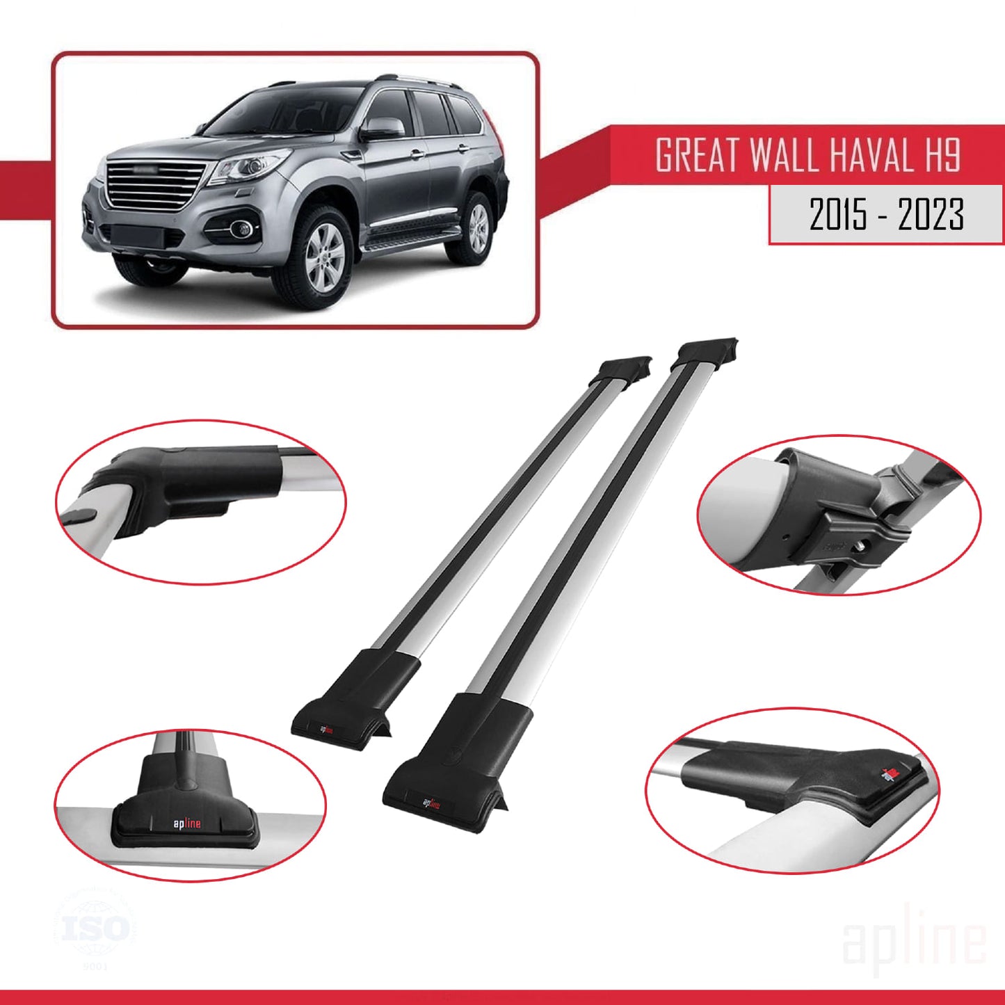 Compatibile con Great Wall Haval H9 2015-2023 modello FLY Barre portatutto per auto Portapacchi in alluminio grigio 2 barre