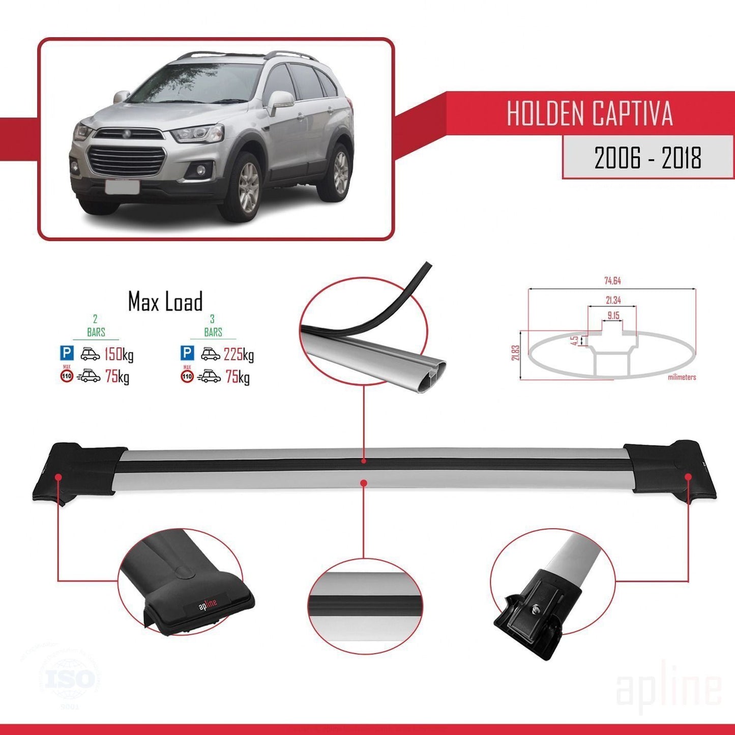 Compatibile con Holden Captiva 2006-2018 modello FLY Barre portatutto per auto Portapacchi in alluminio grigio 2 barre