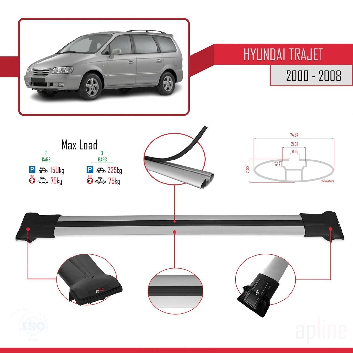 Compatibile con Hyundai Trajet 2000-2008 modello FLY Barre portatutto per auto Portapacchi in alluminio grigio 2 barre
