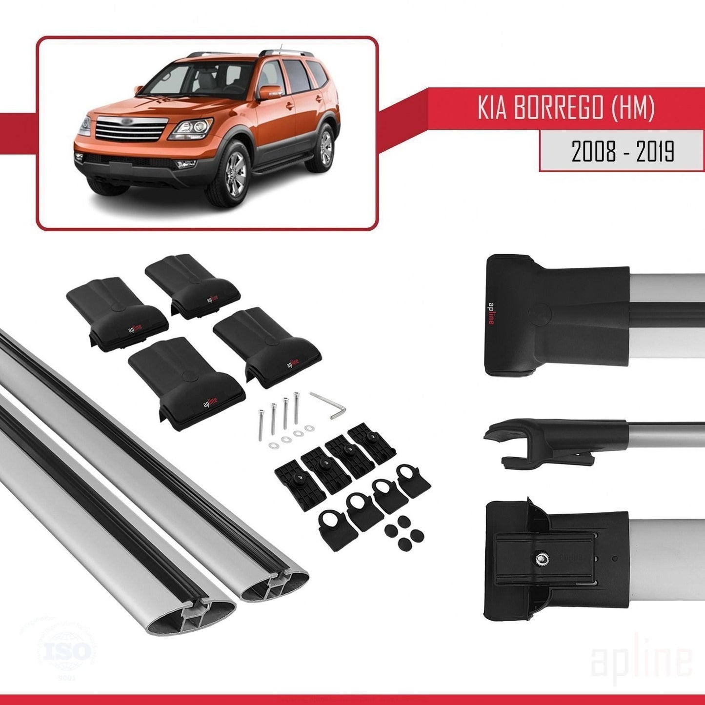 Compatible avec Kia Borrego (HM) 2008-2019 FLY Model Barres de Toit Railing Porte-Bagages de Voiture Gris Aluminium 2 Barres