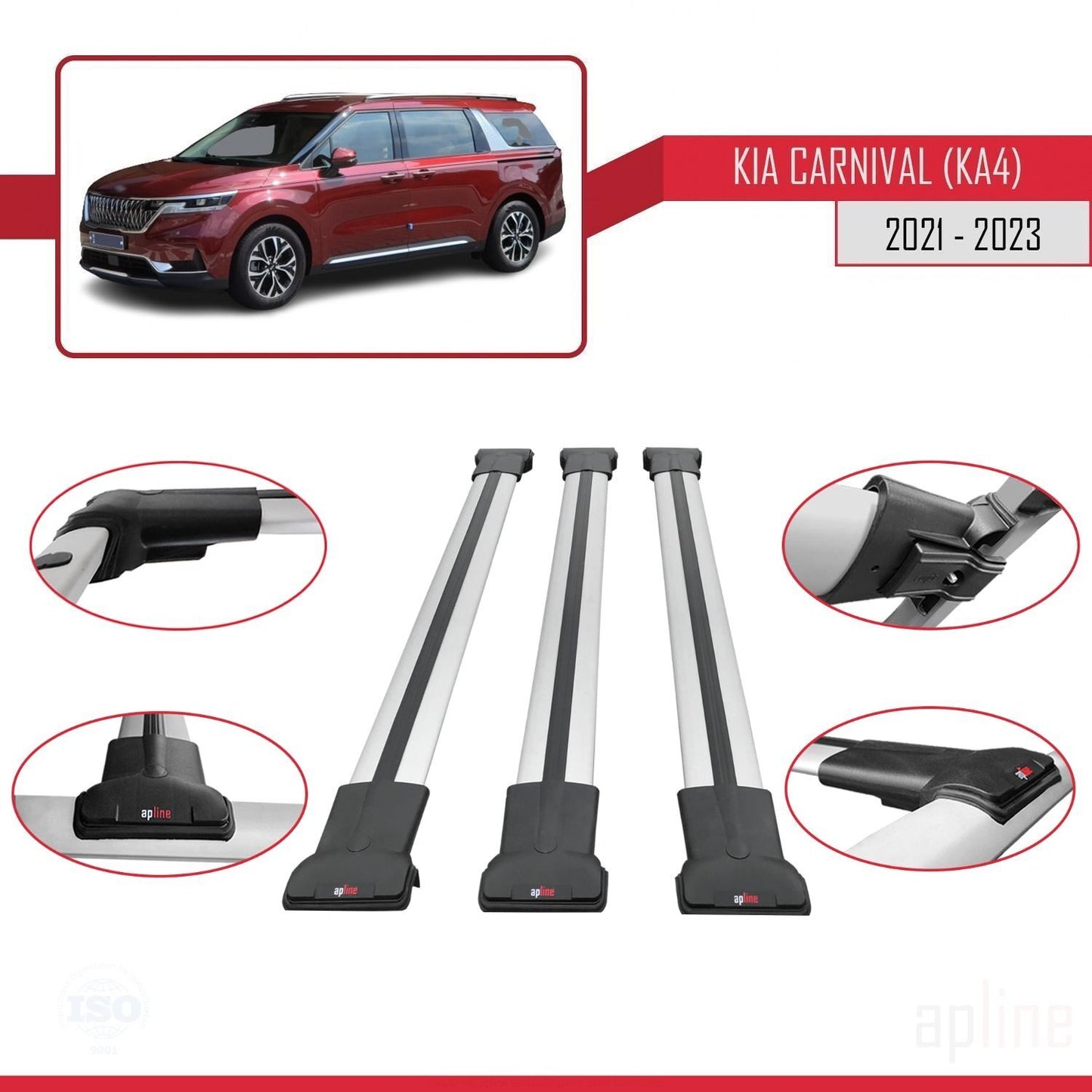 Compatible avec Kia Carnival 4 (KA4) 2021-2023 FLY Model Barres de Toit Railing Porte-Bagages de Voiture Gris Aluminium 3 Barres