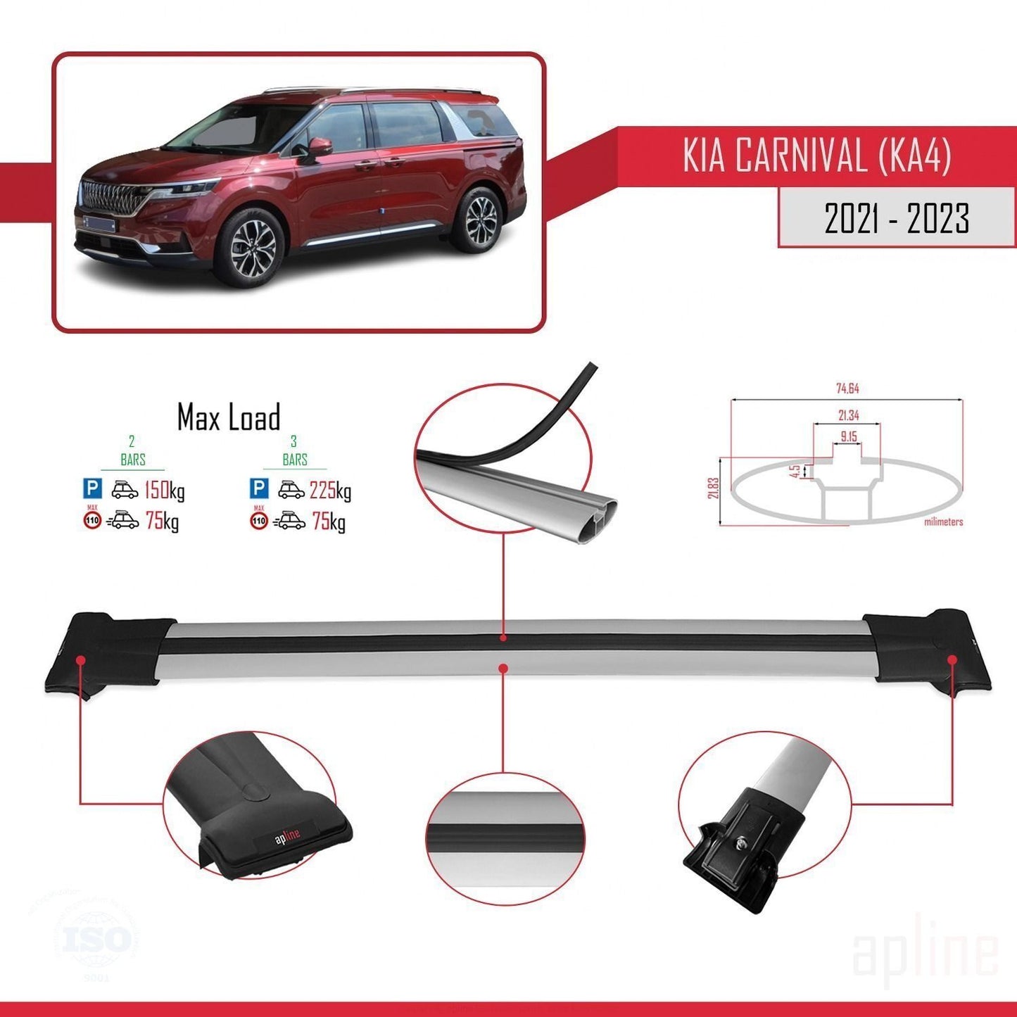 Compatible avec Kia Carnival 4 (KA4) 2021-2023 FLY Model Barres de Toit Railing Porte-Bagages de Voiture Gris Aluminium 2 Barres