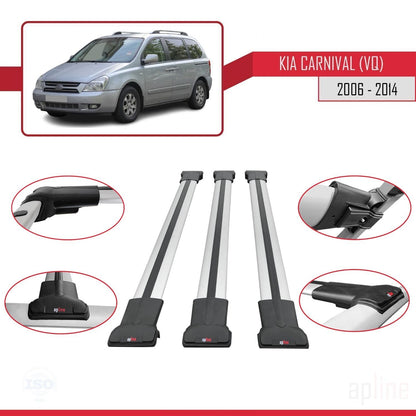 Compatible avec Kia Carnival 2 (VQ) 2006-2014 FLY Model Barres de Toit Railing Porte-Bagages de Voiture Gris Aluminium 3 Barres