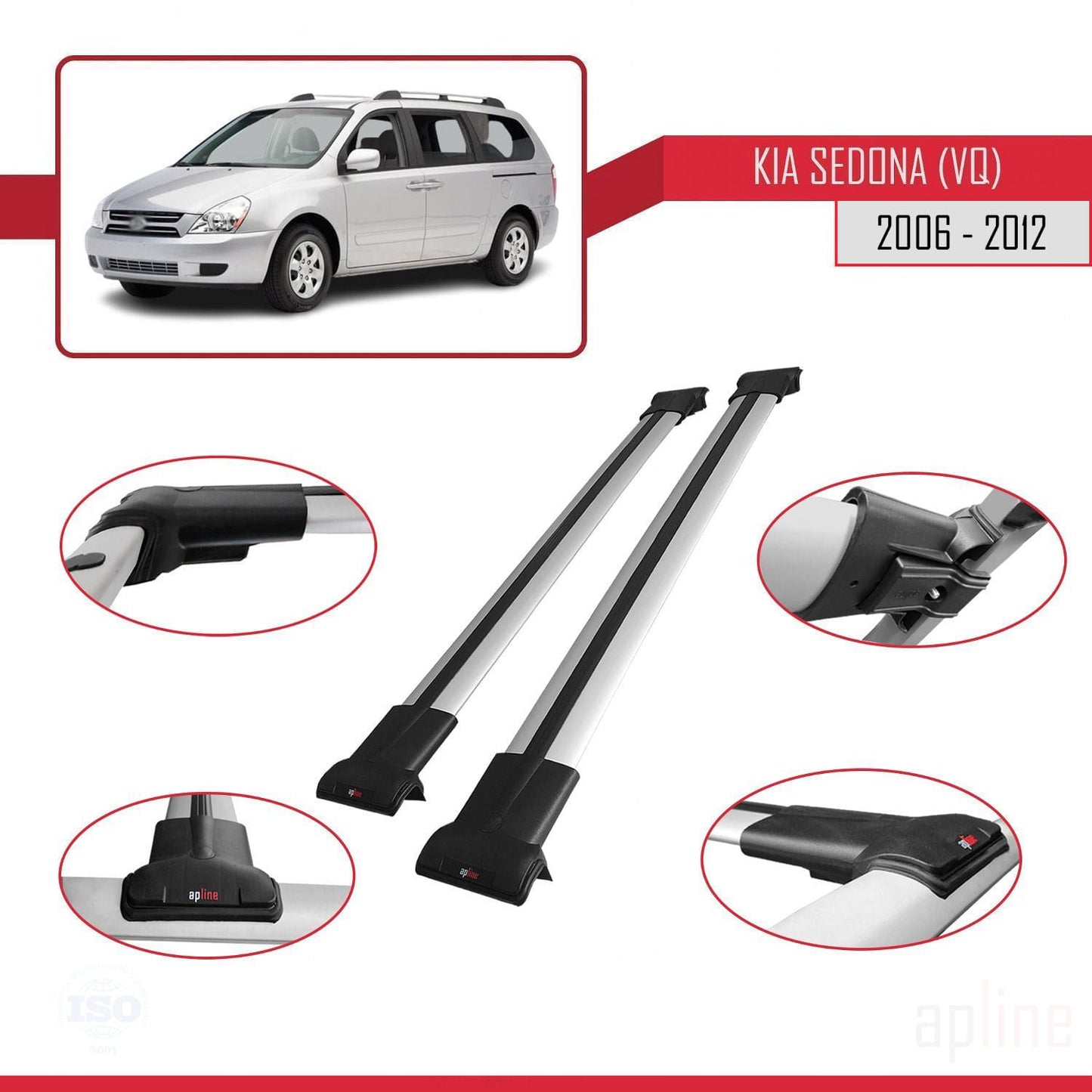 Compatible with Kia Sedona 2 (VQ) 2006-2012 FLY Model Car Roof Rack Cross Bar Grey Aluminium 2 Bars