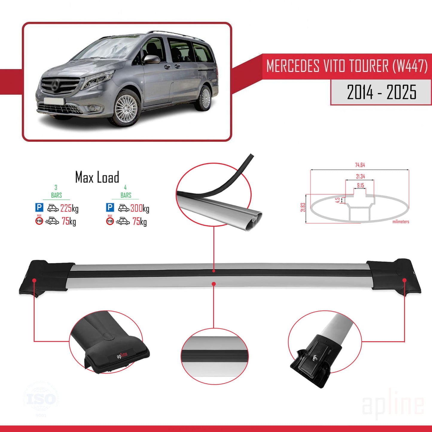 Compatible with Mercedes Vito Tourer (W447) 2014-2025 FLY Model Car Roof Rack Cross Bar Grey Aluminium 3 Bars