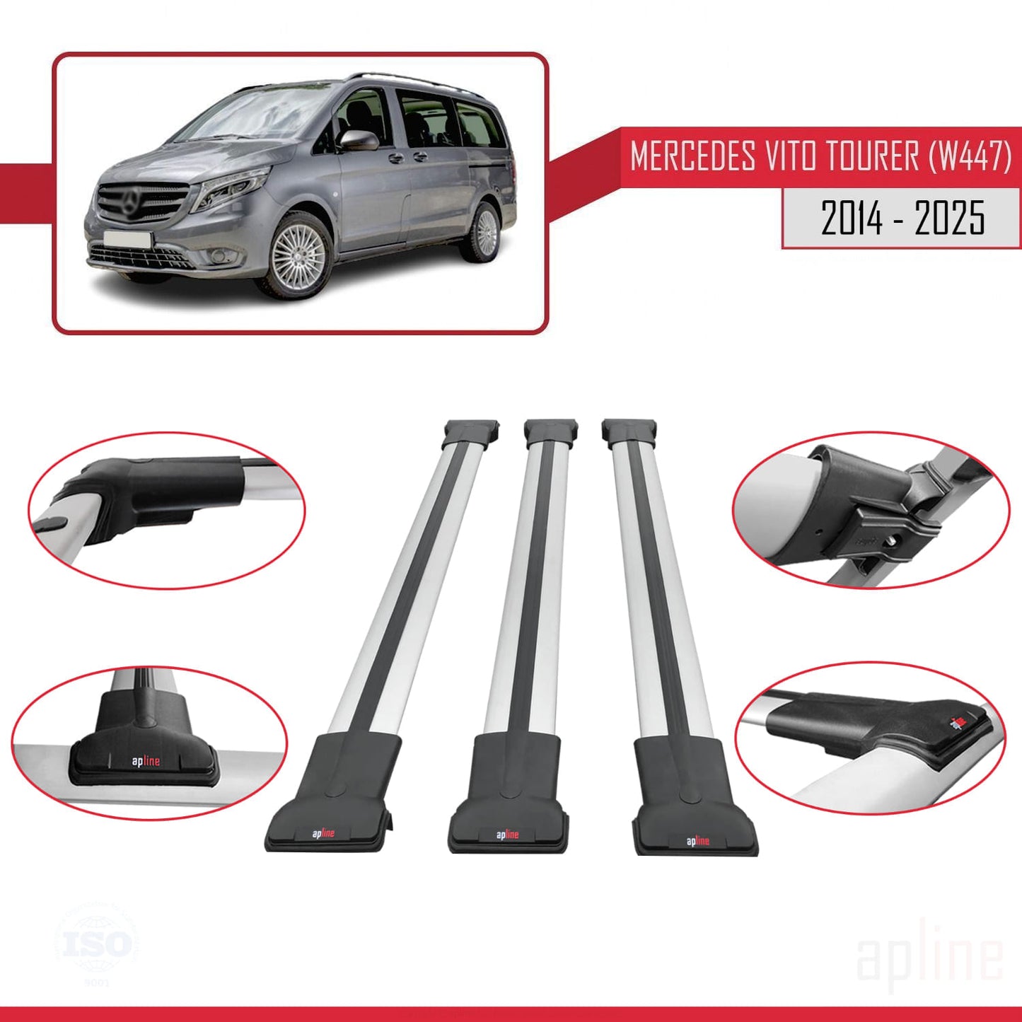 Compatible with Mercedes Vito Tourer (W447) 2014-2025 FLY Model Car Roof Rack Cross Bar Grey Aluminium 3 Bars