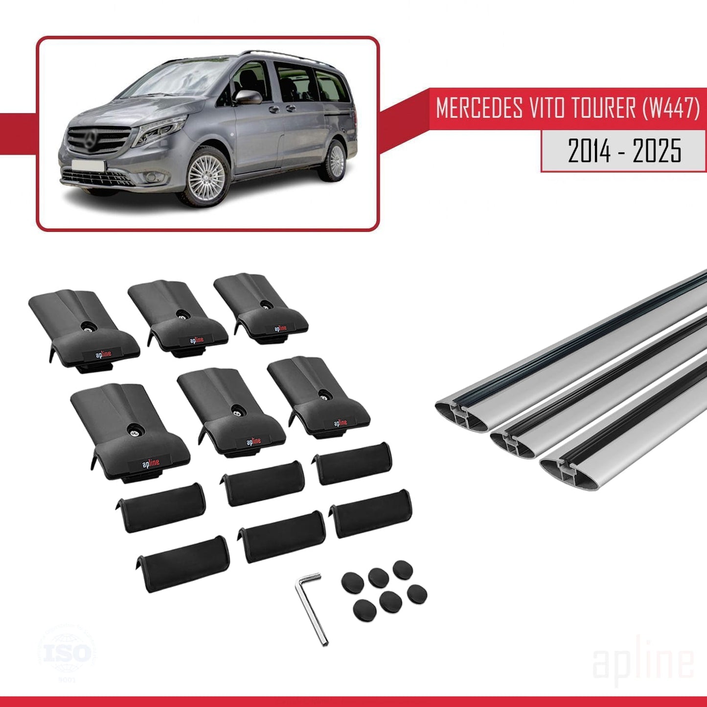 Compatible with Mercedes Vito Tourer (W447) 2014-2025 FLY Model Car Roof Rack Cross Bar Grey Aluminium 3 Bars