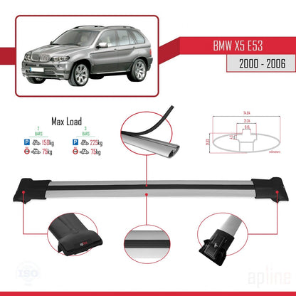 Compatibile con BMW X5 (E53) 2000-2006 modello FLY Barre portatutto per auto Portapacchi in alluminio grigio 2 barre