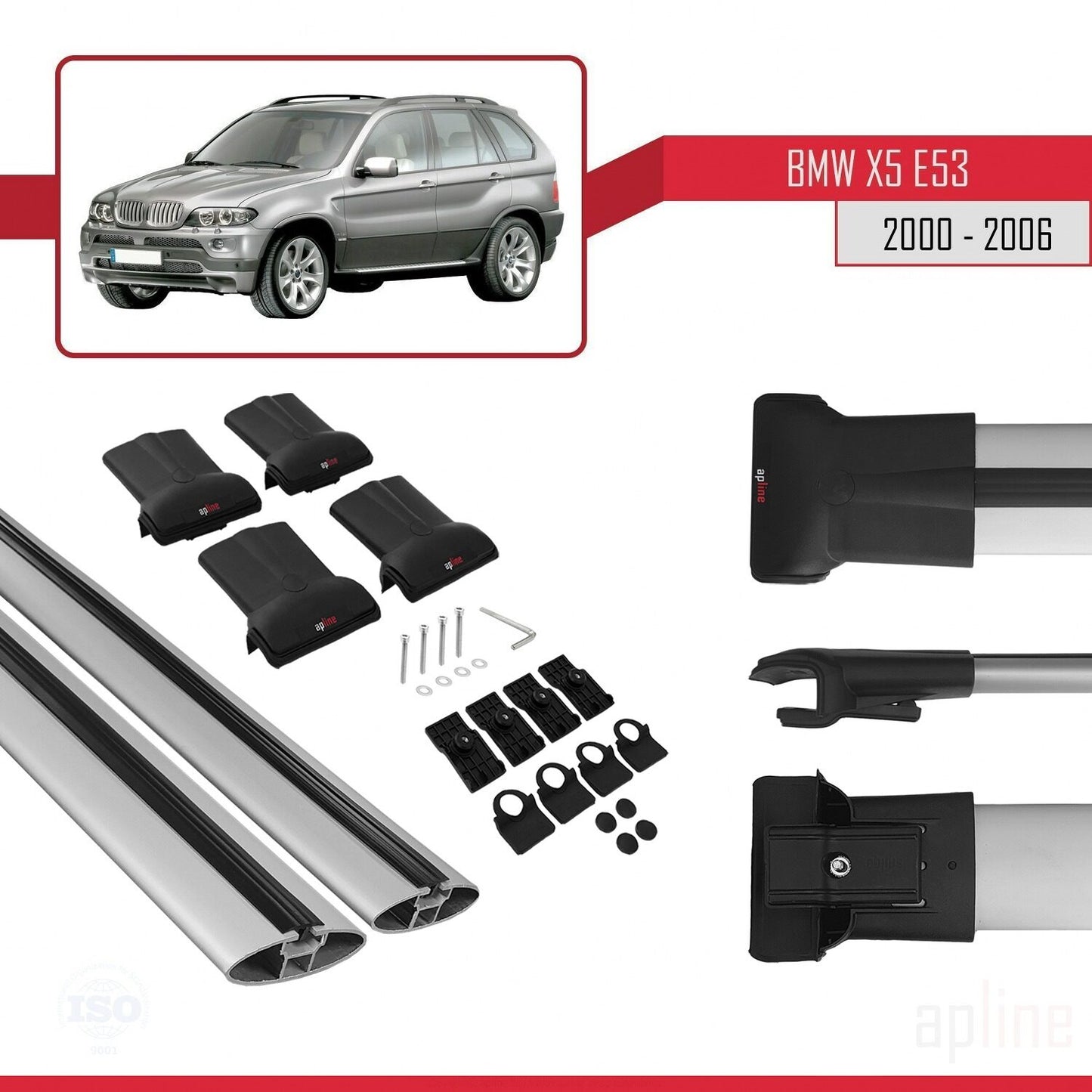 Compatibile con BMW X5 (E53) 2000-2006 modello FLY Barre portatutto per auto Portapacchi in alluminio grigio 2 barre
