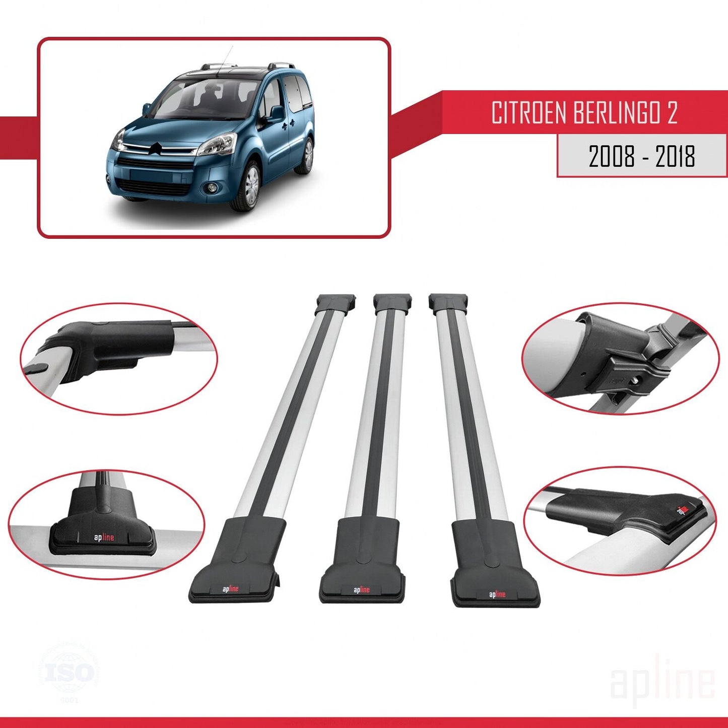Compatible with Citroen Berlingo 2 (B9) 2008-2018 FLY Model Car Roof Rack Cross Bar Grey Aluminium 3 Bars