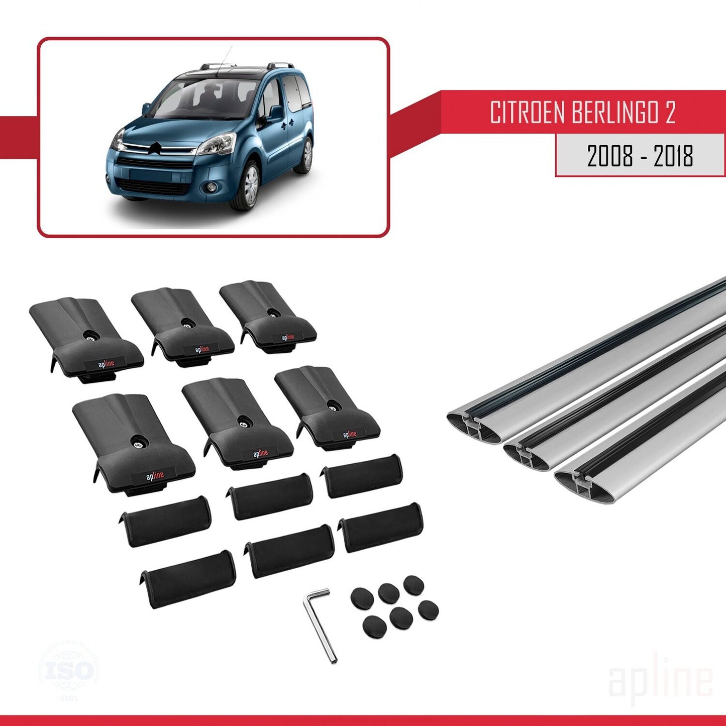 Compatible with Citroen Berlingo 2 (B9) 2008-2018 FLY Model Car Roof Rack Cross Bar Grey Aluminium 3 Bars