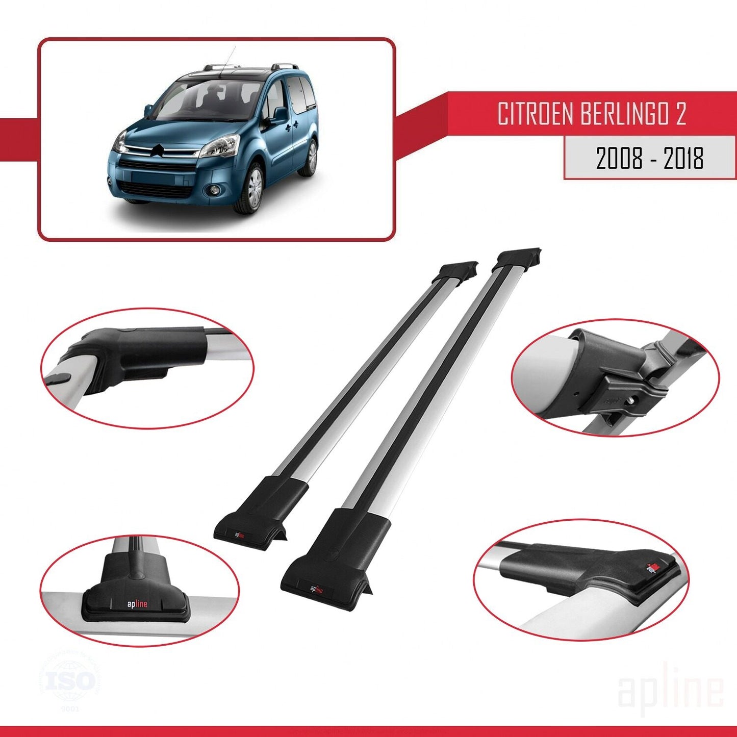 Compatibile con Citroen Berlingo 2 (B9) 2008-2018 modello FLY Barre portatutto per auto Portapacchi in alluminio grigio 2 barre