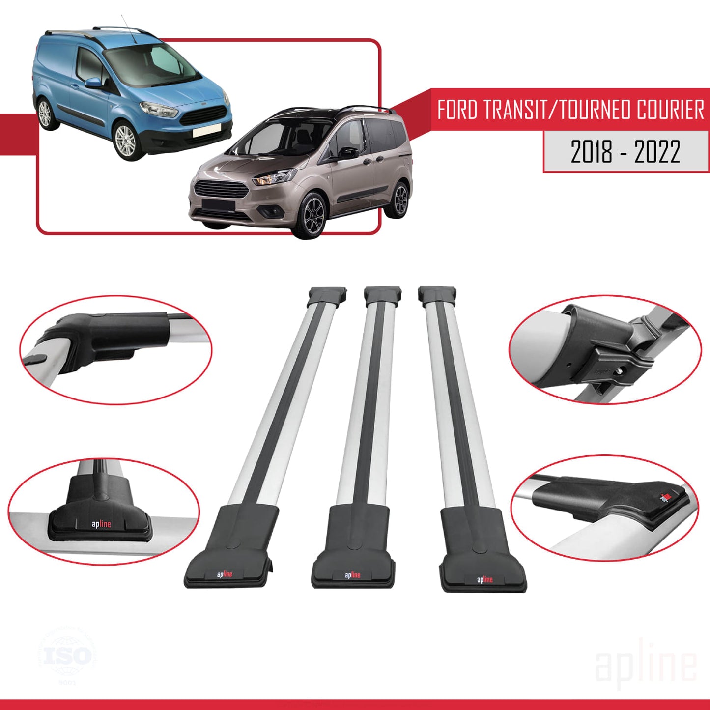 Compatibile con Ford Transit/Tourneo Courier Post-Facelift 2018-2022 modello FLY Barre portatutto per auto Portapacchi in alluminio grigio 3 barre