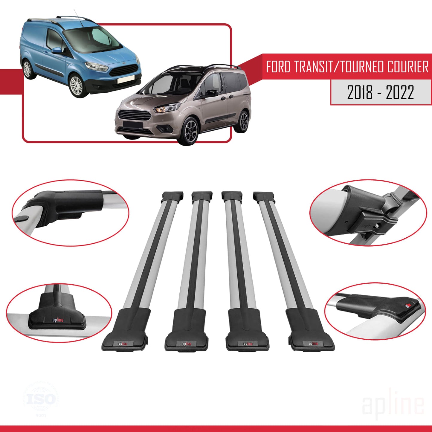 Compatibile con Ford Transit/Tourneo Courier Post-Facelift 2018-2022 modello FLY Barre portatutto per auto Portapacchi in alluminio grigio 4 barre