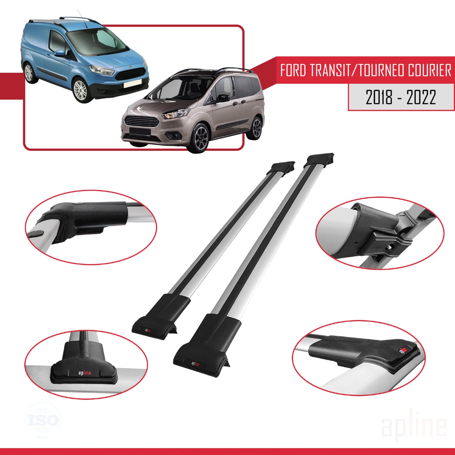 Compatibile con Ford Transit/Tourneo Courier Post-Facelift 2018-2022 modello FLY Barre portatutto per auto Portapacchi in alluminio grigio 2 barre