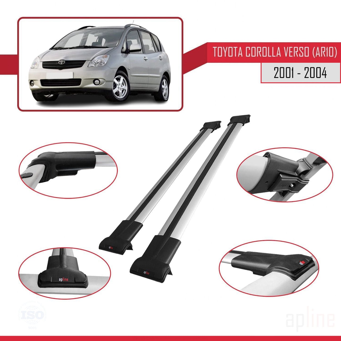 Compatible avec Toyota Corolla Verso (E120) 2001-2004 FLY Model Barres de Toit Railing Porte-Bagages de Voiture Gris Aluminium 2 Barres