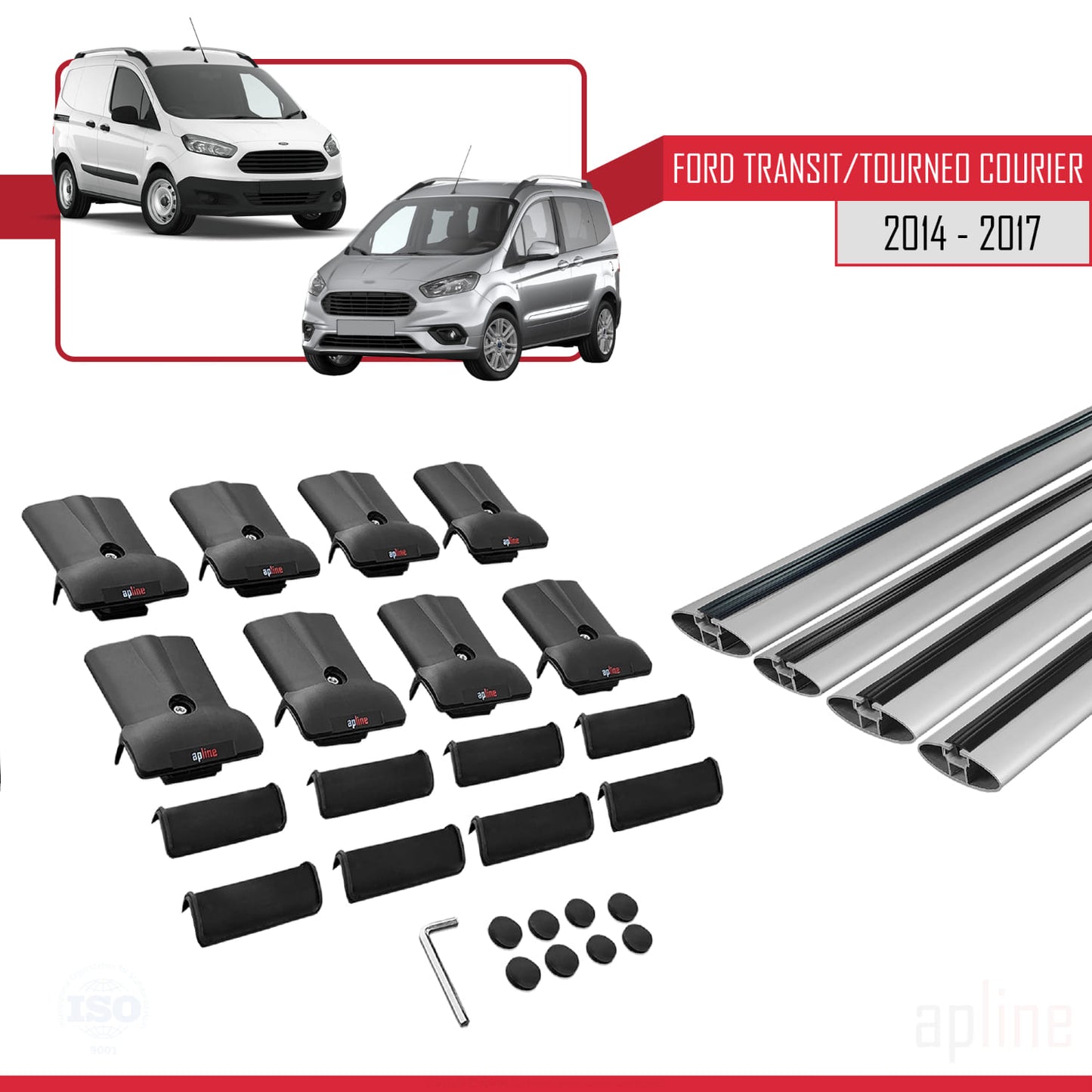 Compatibile con Ford Transit/Tourneo Courier Pre-Facelift 2014-2017 modello FLY Barre portatutto per auto Portapacchi in alluminio grigio 4 barre