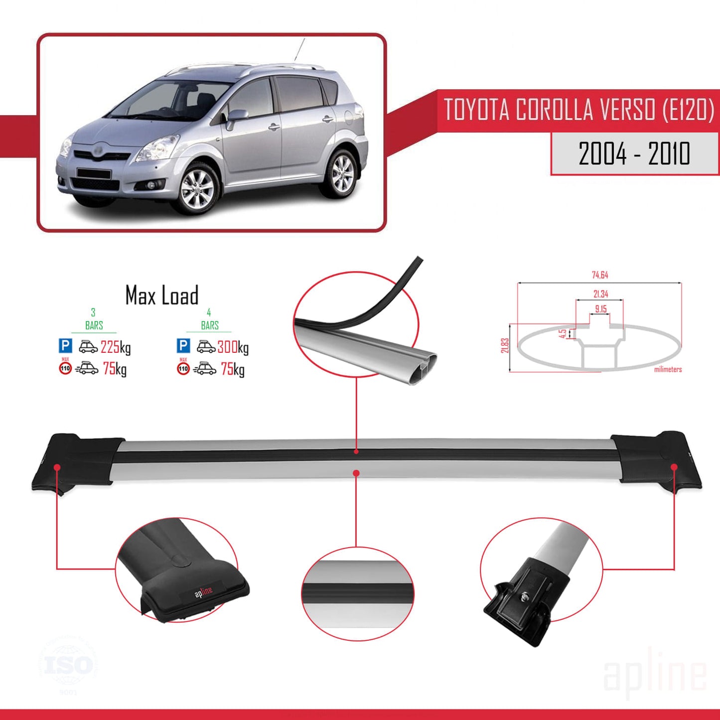 Compatible avec Toyota Corolla Verso 2 (AR10) 2004-2010 FLY Model Barres de Toit Railing Porte-Bagages de Voiture Gris Aluminium 3 Barres