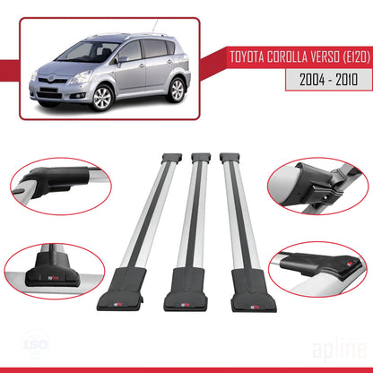 Compatible avec Toyota Corolla Verso 2 (AR10) 2004-2010 FLY Model Barres de Toit Railing Porte-Bagages de Voiture Gris Aluminium 3 Barres