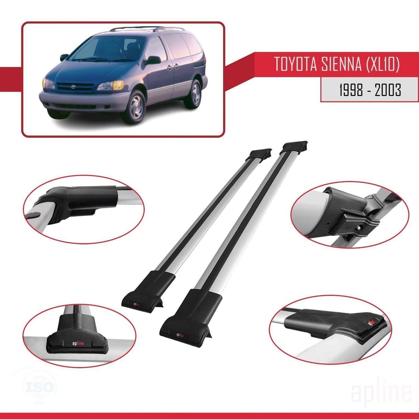 Compatible avec Toyota Sienna (XL10) 1998-2003 FLY Model Barres de Toit Railing Porte-Bagages de Voiture Gris Aluminium 2 Barres