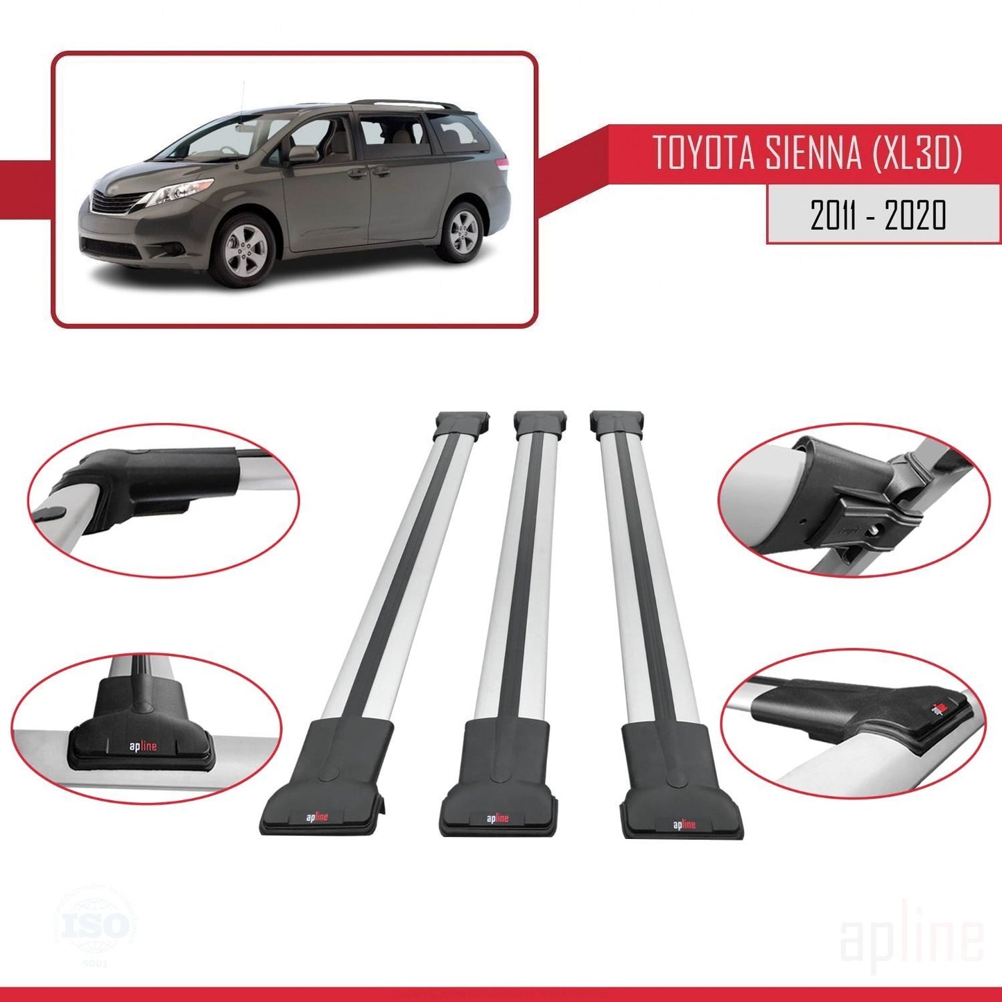 Compatible avec Toyota Sienna 3 (XL30) 2011-2020 FLY Model Barres de Toit Railing Porte-Bagages de Voiture Gris Aluminium 3 Barres