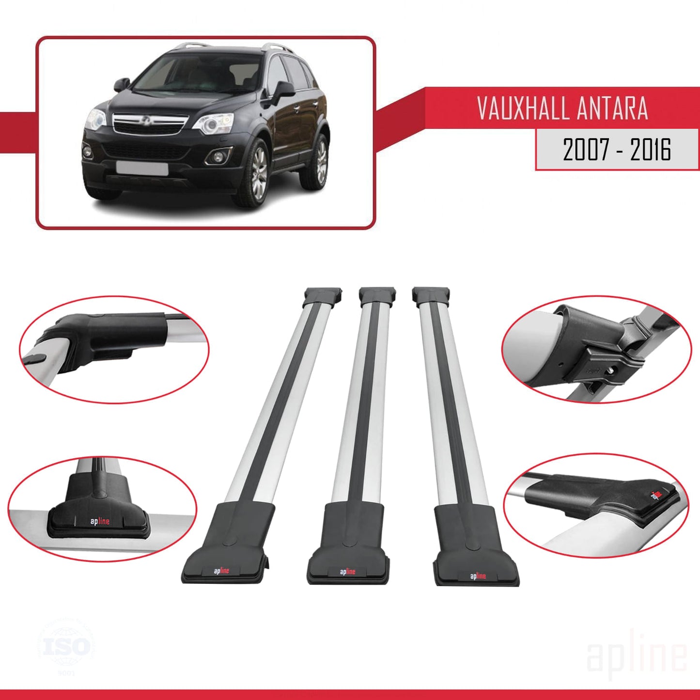 Compatible avec Vauxhall Antara 2007-2016 FLY Model Barres de Toit Railing Porte-Bagages de Voiture Gris Aluminium 3 Barres