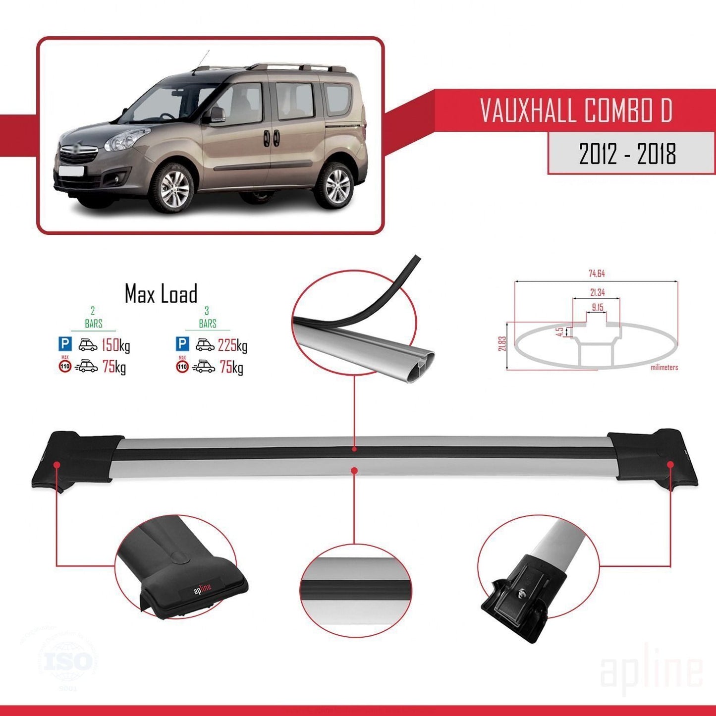 Compatible avec Vauxhall Combo D 2012-2018 FLY Model Barres de Toit Railing Porte-Bagages de Voiture Gris Aluminium 2 Barres