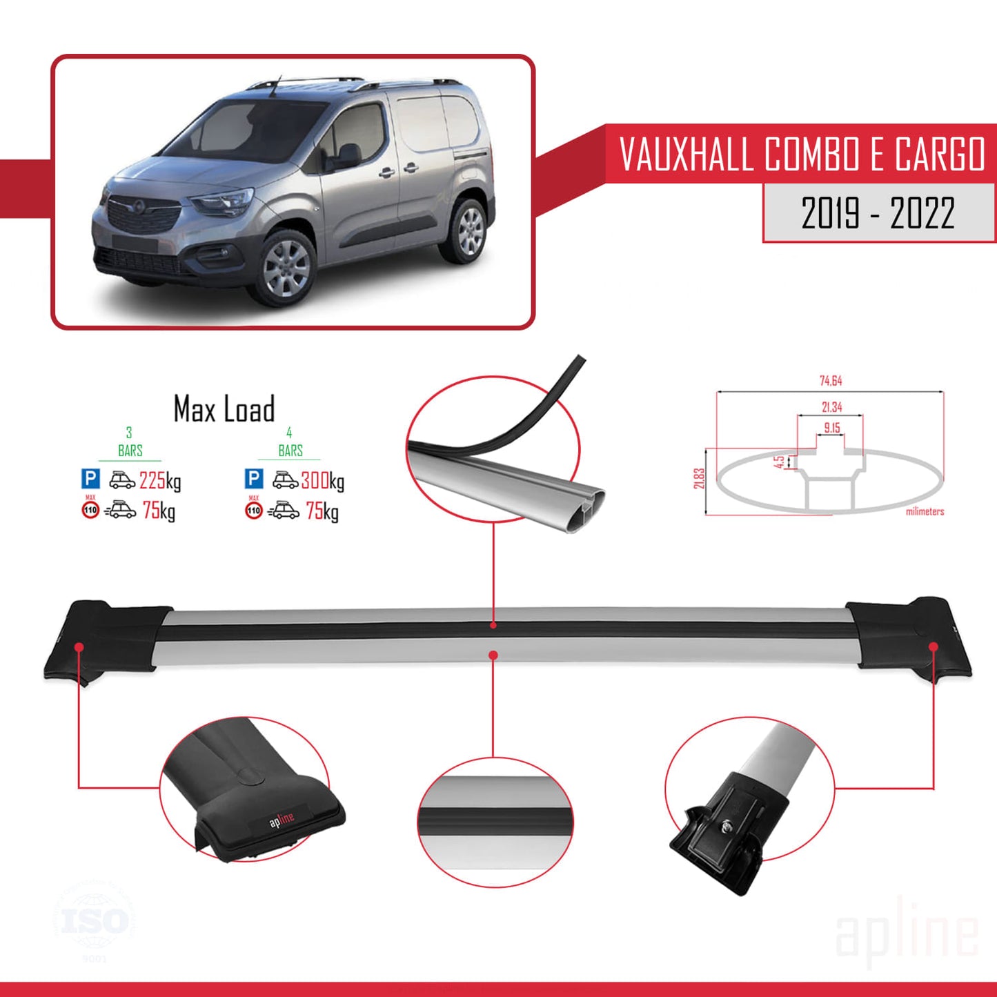 Compatible avec Vauxhall Combo E Cargo 2019-2022 FLY Model Barres de Toit Railing Porte-Bagages de Voiture Gris Aluminium 3 Barres