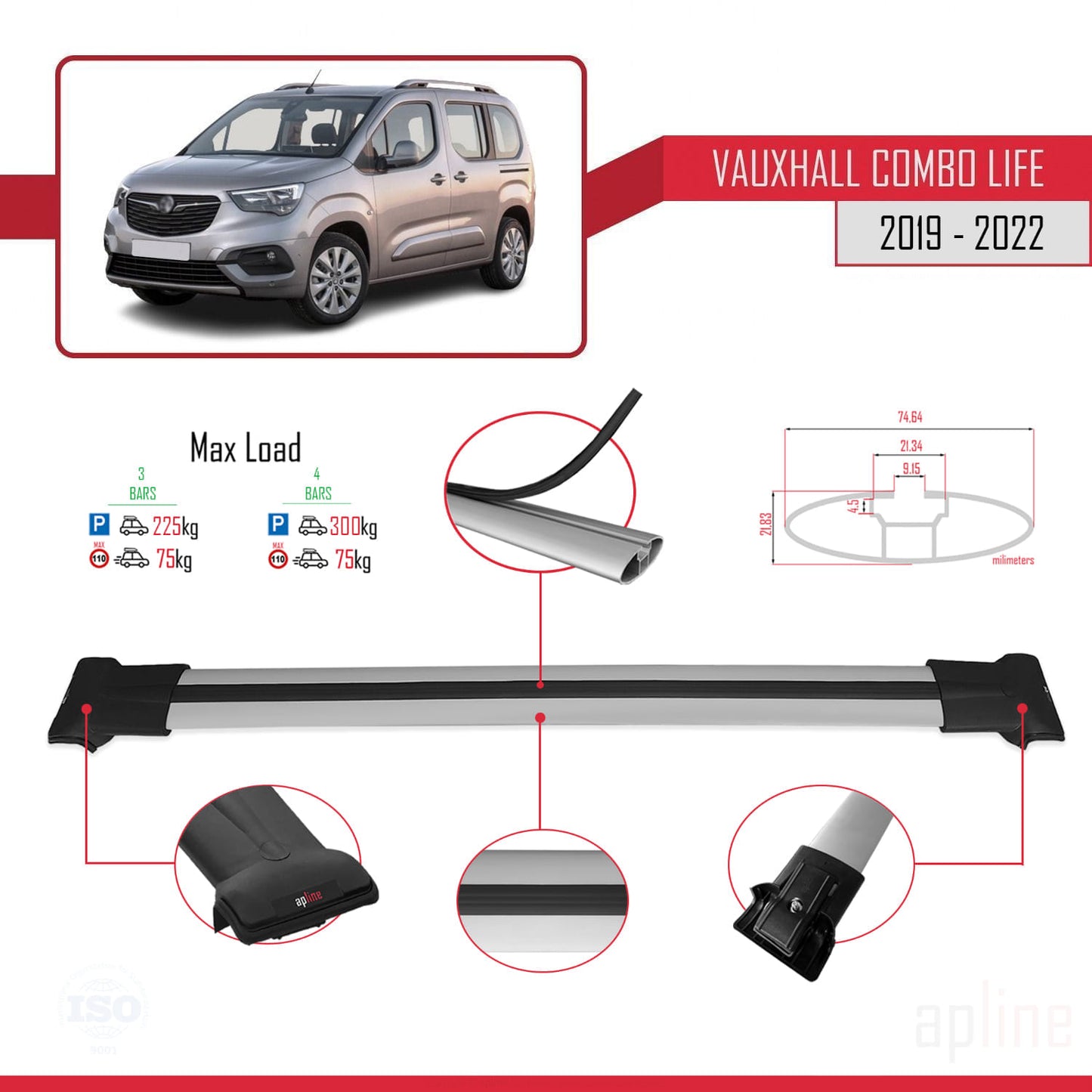 Compatible avec Vauxhall Combo E Life 2019-2022 FLY Model Barres de Toit Railing Porte-Bagages de Voiture Gris Aluminium 3 Barres